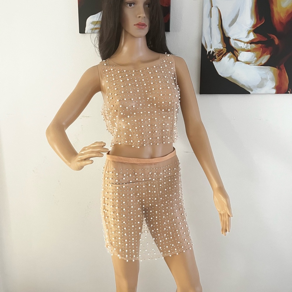 Beach bunny style Sheer Nude Pearl-Embellished Crop Top & Skirt sz m/l